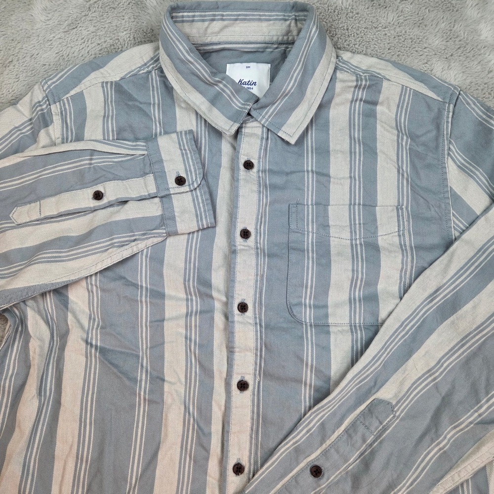 Katin Button Down Shirt Mens SM Long Sleeve Vertical Stripe Cotton Blue Cream